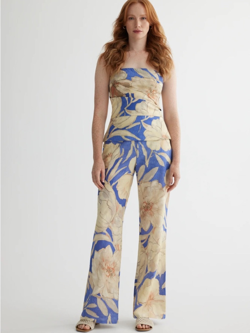 SET: Iris Setlakwe Floral Bustier & Wide Leg Pants - Linen/Cotton - Blue/Peach 8